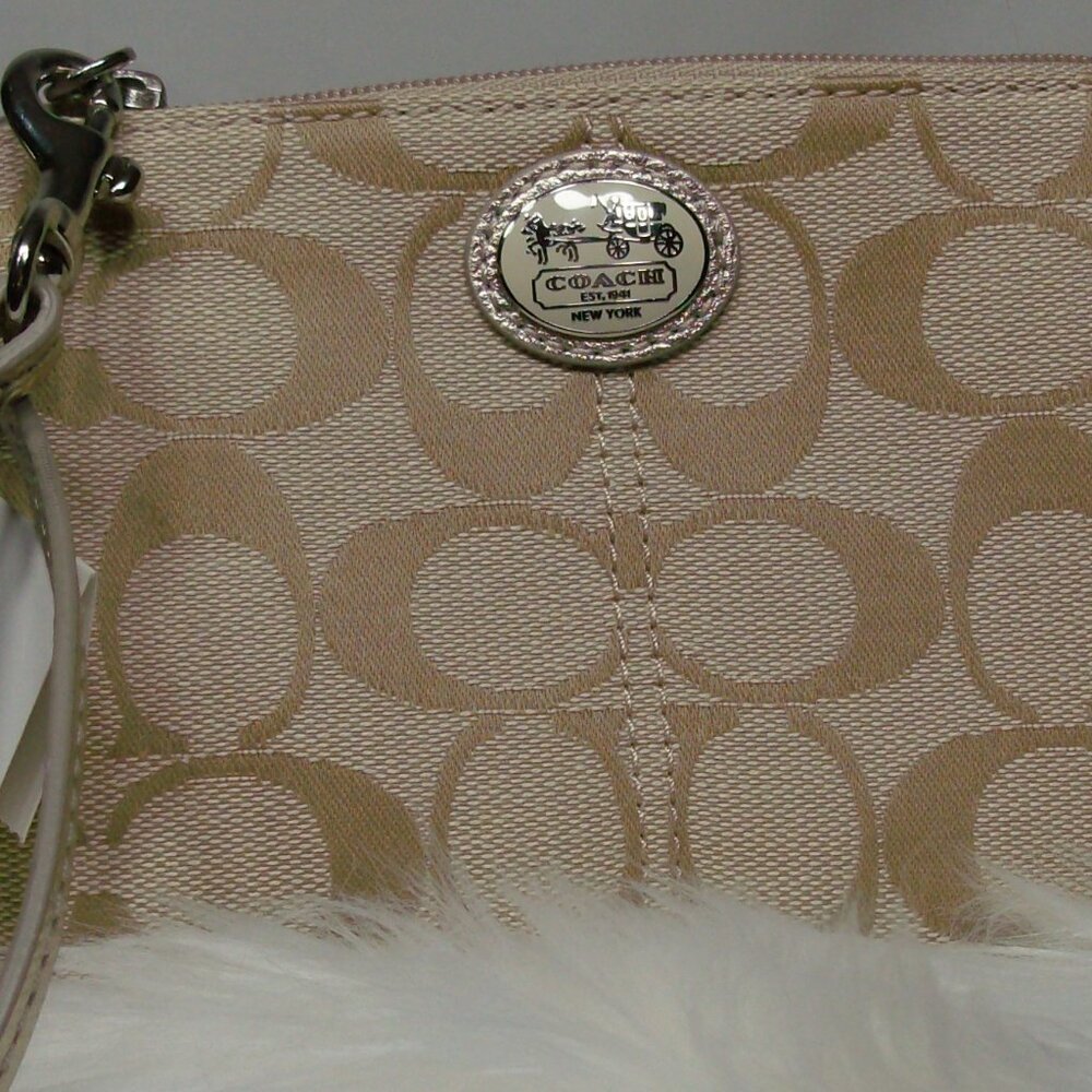 COACH Signature Khaki & Gold Canvas Corner Zip Wristlet with Gold Leather Strap